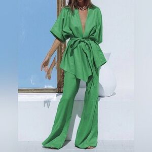Commense Two Pants Set Cotton Linen Green Oversized Boho Size XS NEW